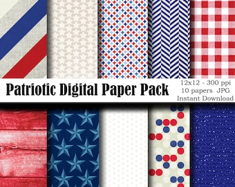 Patriotic Digital Paper Pack - 4th of July Paper - Independence Day - America Clipart - July 4th Paper - Red White and Blue Instant Download