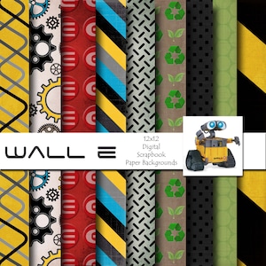 May include: A set of 12x12 inch digital scrapbook papers featuring various patterns inspired by the movie WALL-E. The patterns include gears, stripes, and recycling symbols. The set also includes a digital image of the WALL-E robot.
