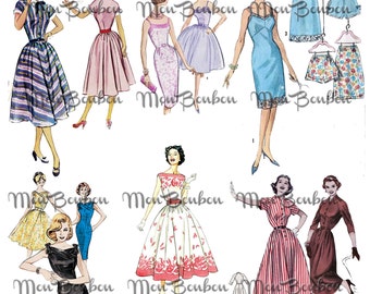 Retro Sewing Pattern Girls Clip Art Digital Collage Sheet-.png und .jpg Format-INSTANT DOWNLOAD