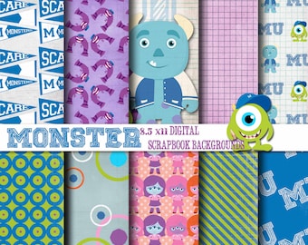 Monster School 8.5x11 A4 Digital Paper Backgrounds for Digital Scrapbooking, Party Supplies, etc -INSTANT DOWNLOAD -