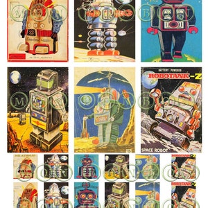 Puede incluir: Una colección de ilustraciones de juguetes robot vintage. Las imágenes presentan robots coloridos con diseños retro, incluyendo los textos "CRAGSTAN MR. ATOMIC" y "MoonRobot". Los robots se representan en varios escenarios, evocando nostalgia.