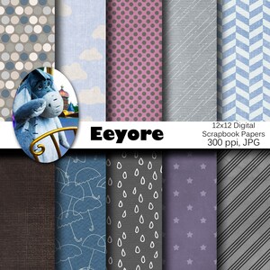 Eeyore Inspired 12x12 Digital Paper Backgrounds for Digital Scrapbooking, Party Supplies, etc -INSTANT DOWNLOAD