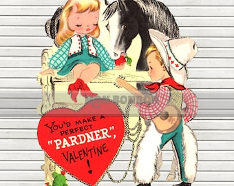 Vintage Retro Valentine Cowboy and Cowgirl -  Western Valentine - Clip Art Image Transfer  .PnG and JpG Image - INSTANT DOWNLOAD