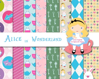 Alice in Wonderland Inspired 12x12 Digital Paper Backgrounds for Digital Scrapbooking, Party Supplies, etc -INSTANT DOWNLOAD -