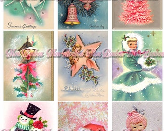 Digital Collage Sheet of Vintage Retro Pastel Christmas Cards - DIY Printable - INSTANT DOWNLOAD