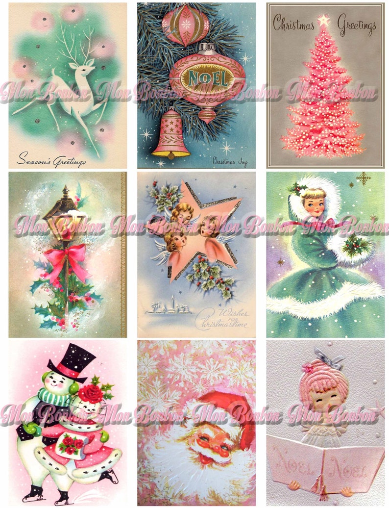 Digital Collage Sheet of Vintage Retro Pastel Christmas Cards - DIY Printable - INSTANT DOWNLOAD 