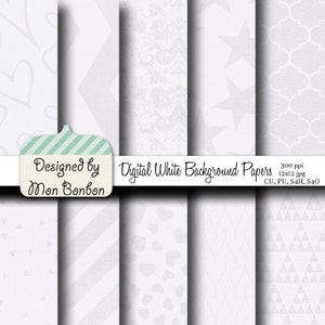 May include: A set of 12 digital white background papers with various patterns, including hearts, stars, geometric shapes, and stripes. The papers are designed by Mon Bonbon and are 300 ppi, 12x12 inches.