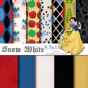 Snow White Inspired 8.5x11 A4 Digital Scrapbook Paper Backgrounds -INSTANT DOWNLOAD -