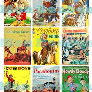 Feuille de collage numérique d'images de livres pour enfants vintage et rétro Cowboys et Indiens - Imprimables à faire soi-même - TÉLÉCHARGEMENT IMMÉDIAT