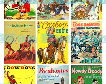 May include: A selection of vintage children's books with Western and Native American themes. Titles include "Cowboy Eddie," "Red Ryder Coloring Book," "Wild Bill Hickok and the Indians," and "Pocahontas." The books feature colourful illustrations and classic designs.