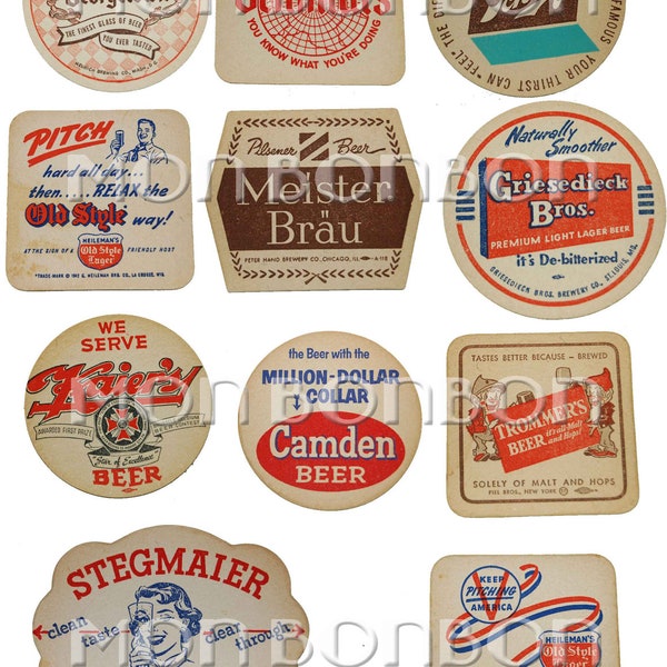 vINTAGE Beer Coasters Digital Collage Sheet  - DIY Printable Cupcake Toppers - INSTANT DOWNLOAD