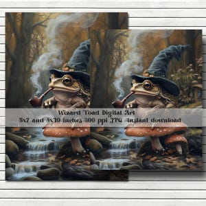 May include: Digital art print featuring a wizard toad smoking a pipe, wearing a pointed hat. The artwork includes a forest scene with mushrooms and a small waterfall. The text reads "Wizard Toad Digital Art" and dimensions of 5x7 and 8x10 inches.