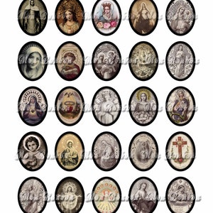 May include: Set of 24 oval-shaped, 30x40mm religious images. The images feature various religious figures, including the Virgin Mary, Jesus, and angels. The images are printed on a white background and have a vintage aesthetic.