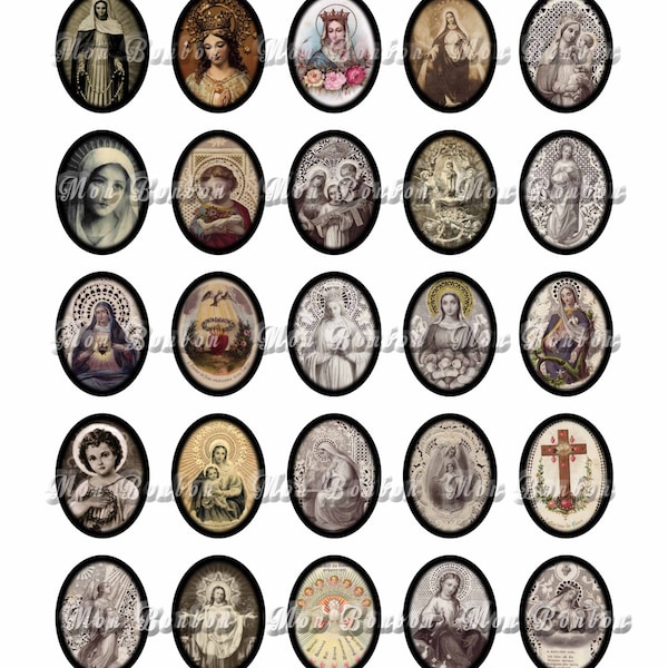 Vintage Religious Sacred Heart No. 5 Digital Download Collage Sheet of 30x40mm Ovals with and without borders- INSTANT DOWNLOAD