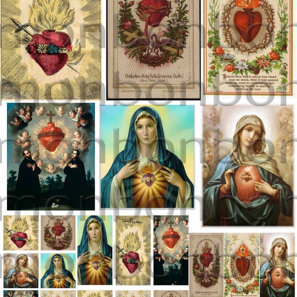 Vintage Religious Sacred Heart No. 2 Digital Download Collage Sheet 2.5 x 3.5, 1x1 and 1x2 inch - DIY Printable - INSTANT DOWNLOAD