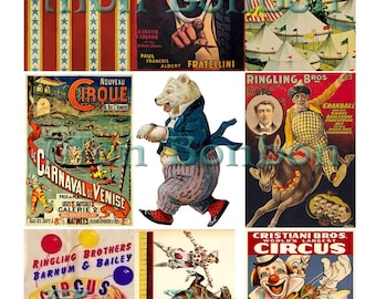 Feuille de Collage num&eacute;rique d'Images de cirque - t&eacute;l&eacute;chargement imm&eacute;diat