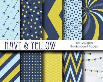 Navy and Yellow Digital Scrapbook Paper Backgrounds - 12x12 - Instant Download