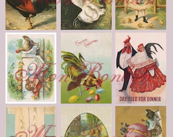 Digital Download of Vintage Roosters Chickens Easter Collage Sheet   - DIY Printable - INSTANT DOWNLOAD