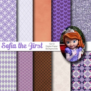 May include: A set of 10 digital paper backgrounds featuring various patterns in shades of purple, white, and brown. The patterns include circles, hearts, diamonds, and checkered designs. The text "Sofia the First 12x12 Digital Paper Backgrounds" is at the top of the image.