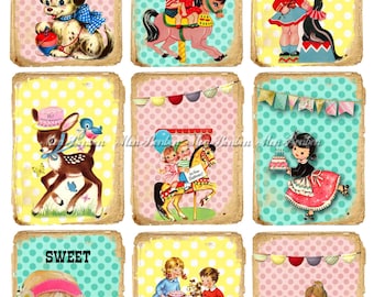 Birthday Party Digital Collage Sheet, Retro Vintage Kids Party,Printable Tags and Cards, Pocket Letter Supply - Instant Download
