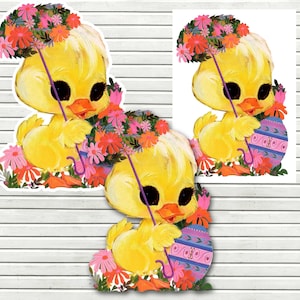 Cute Retro Easter Duck with Flower Umbrella Clip Art Illustration .PnG and .JPG - DiY Printable - INSTANT DOWNLOAD