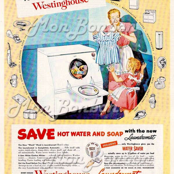 Digital Download of Large 8x10 Vintage Retro 50's Westinghouse Laundromat Magazine Ad - You Print - Laundry Room Decor - INSTANT DOWNLOAD