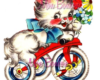 Cute Retro Bicycle Kitty Clip Art Illustration .PnG and .JPG - DiY Printable Image Transfer - INSTANT DOWNLOAD