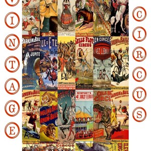 May include: A vintage collage of colorful circus posters featuring images of animals, performers, and circus acts. The posters are arranged in a grid pattern and include text such as "Barnum & Bailey", "Sells Floto Circus", and "Ringling Bros."