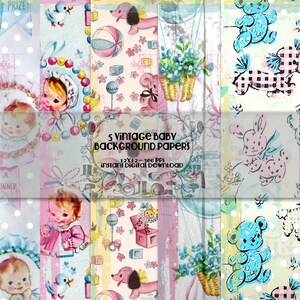 Cinco fondos de papel vintage para bebés en mal estado de 12 x 12 - Scrapbooking digital - Descarga instantánea - Papeles de álbum de recortes imprimibles digitales
