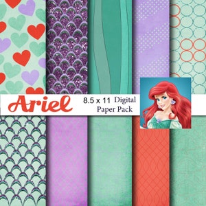 Little Mermaid Ariel Inspired 8.5x11 A4 Digital Paper Pack for Digital Scrapbooking, Party Supplies, etc -INSTANT DOWNLOAD -