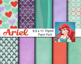 Little Mermaid Ariel Inspired 8.5x11 A4 Digital Paper Pack for Digital Scrapbooking, Party Supplies, etc -INSTANT DOWNLOAD -