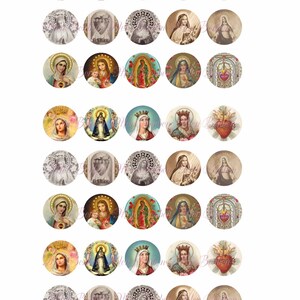 Peut inclure: Ensemble de 36 images imprimables rondes de 2,5 x 2,5 cm représentant des figures et des symboles religieux. Les images comprennent des représentations de la Vierge Marie, de Jésus et du Sacré-Cœur. Les images sont de style vintage et sont parfaites pour les projets d'artisanat.