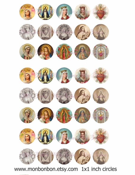 Digital Collage Sheet of Vintage Religious Images and Prayer Cards One Inch Circles -1x1inch - bottle cap - INSTANT DOWNLOAD
