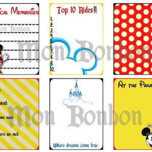 May include: Printable Disney-themed memory book pages with a red and white polka dot pattern, a yellow background with a castle illustration, and a yellow background with a Mickey Mouse illustration. The pages are designed for recording memories from a trip to Disney World.