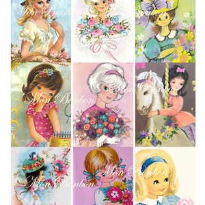 Digital Collage Sheet of Vintage and Retro 1960 - 1970 Cute Girl Images - INSTANT DOWNLOAD