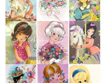 Digital Collage Sheet of Vintage and Retro 1960 - 1970 Cute Girl Images - INSTANT DOWNLOAD