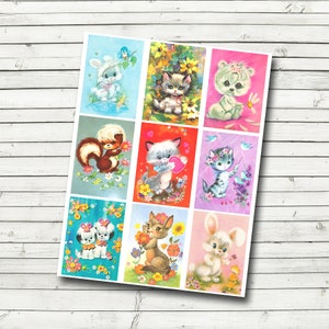 Retro Kitsch Animals Collage Sheet - Cute Retro Animals - Pocket Letter Cards - Mixed Media Supply - Vintage Playing Cards - Print at home