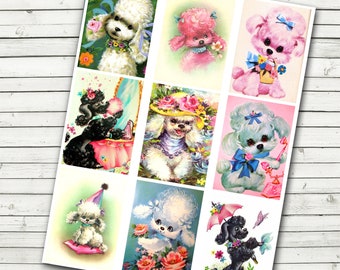 May include: A sheet of vintage-style stickers featuring various illustrations of poodles in different poses and settings. The stickers feature a variety of colors, including pink, blue, white, and black. The stickers are perfect for adding a touch of whimsy to any project.