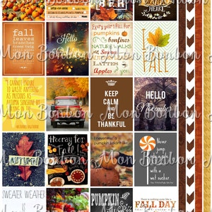 May include: A digital planner page with a fall theme. The page is divided into 16 squares, each with a different autumn-themed image or quote. Some of the images include pumpkins, leaves, and a red truck. Some of the quotes include "Keep Calm and Be Thankful" and "Every year I fall for pumpkins, bonfires, nature walks, smores, autumn leaves, lattes, and apples".