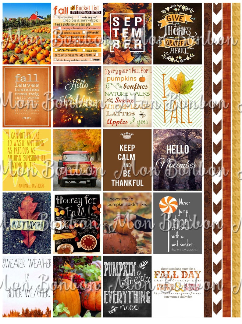 May include: A digital planner page with a fall theme. The page is divided into 16 squares, each with a different autumn-themed image or quote. Some of the images include pumpkins, leaves, and a red truck. Some of the quotes include "Keep Calm and Be Thankful" and "Every year I fall for pumpkins, bonfires, nature walks, smores, autumn leaves, lattes, and apples".