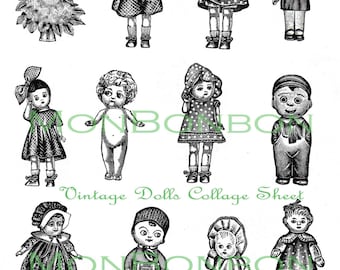 Digital Download of 12 Vintage Doll Illustration Collage Sheet - DIY Printable - INSTANT DOWNLOAD