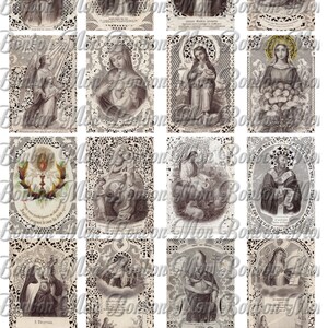 May include: A set of 32 vintage religious images, each featuring a different saint or religious scene. The images are printed on paper with a lace-like border and are in black and white.