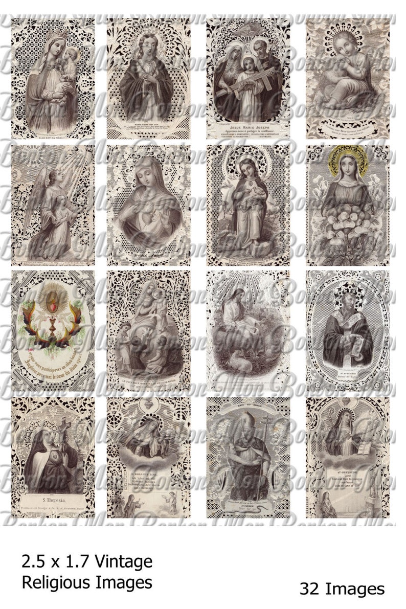 May include: A set of 32 vintage religious images, each featuring a different saint or religious scene. The images are printed on paper with a lace-like border and are in black and white.