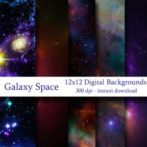May include: Twelve digital backgrounds featuring colorful galaxy space scenes with stars and nebulae. The text "Galaxy Space" and "12x12 Digital Backgrounds 300 dpi - instant download" is displayed on a white banner.