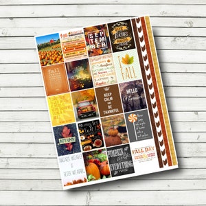 May include: A sheet of 16 fall-themed stickers with various designs and text. The stickers feature pumpkins, leaves, apples, and other autumnal imagery. The text includes phrases like "Fall Bucket List", "Hello October", "Keep Calm and Be Thankful", and "Hooray for Fall!"