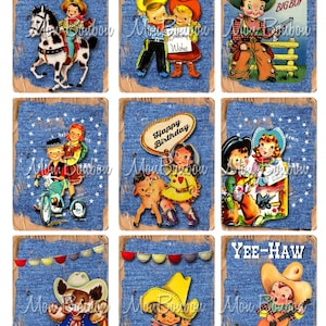 Hoja de collage digital de etiquetas de fiesta de vaqueros y vaqueras, fiesta de niños vintage retro, etiquetas y tarjetas imprimibles - descarga instantánea