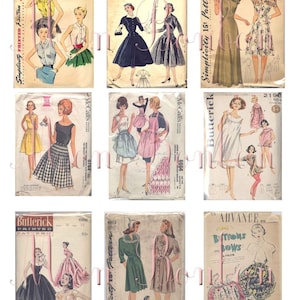 Hoja de collage con patrones de costura de vestidos y prendas de vestir de estilo retro vintage para damas - DESCARGA INSTANTÁNEA - Atención: no se venden patrones reales, solo hojas de collage