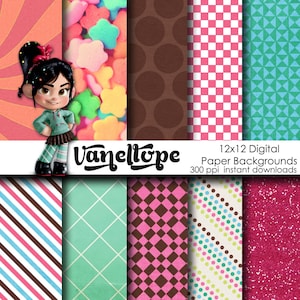 May include: A set of 12 digital paper backgrounds featuring various patterns, including polka dots, stripes, checkered, and geometric designs. The papers are in a variety of colors, including pink, brown, green, and blue. The text "Vanellope" is featured in the center of the image. The text "12x12 Digital Paper Backgrounds 300 ppi instant downloads" is also included.