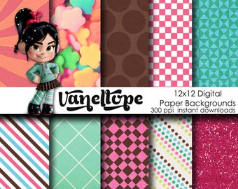 Vanellope Inspired 12x12 Digital Paper Backgrounds for Digital Scrapbooking, Party Supplies, etc -INSTANT DOWNLOAD Wreck it Ralph