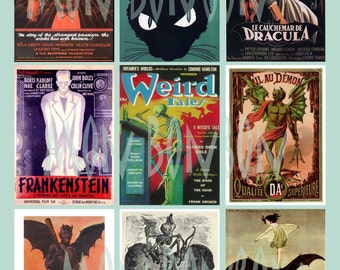 Può includere: Un collage di locandine di film horror vintage con mostri classici come Dracula, Frankenstein e il Gatto Nero. Le locandine sono di vari colori e presentano illustrazioni dei mostri, oltre a testo sui film.